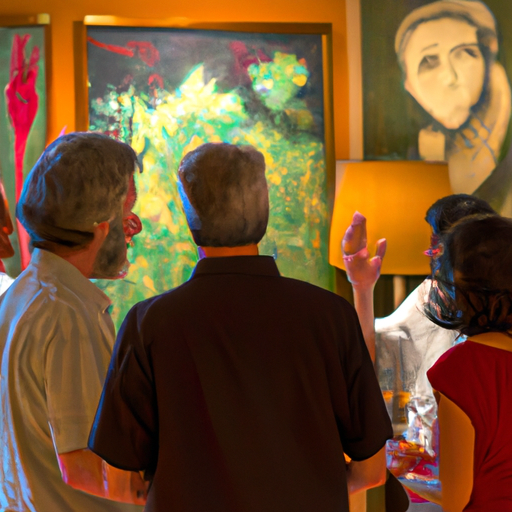 3. תמונה של קבוצת אנשים מנהלת שיחה ערה בסלון, עם ציורי שמן ברקע.