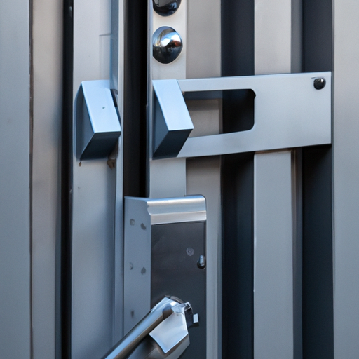 1. A close-up of a forced entry resistant door, highlighting the reinforced materials and lock mechanisms