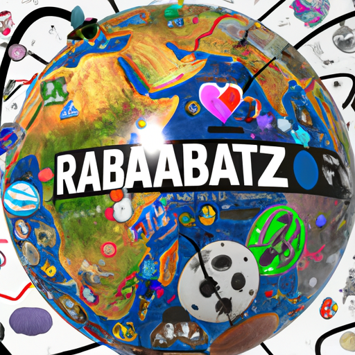 כדור הארץ מוקף באייקוני משחקים שונים, המייצגים את ההשפעה העולמית של 'rabet777'